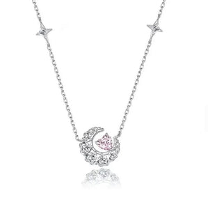 CZ Moon and Star Silver necklace with pink heart