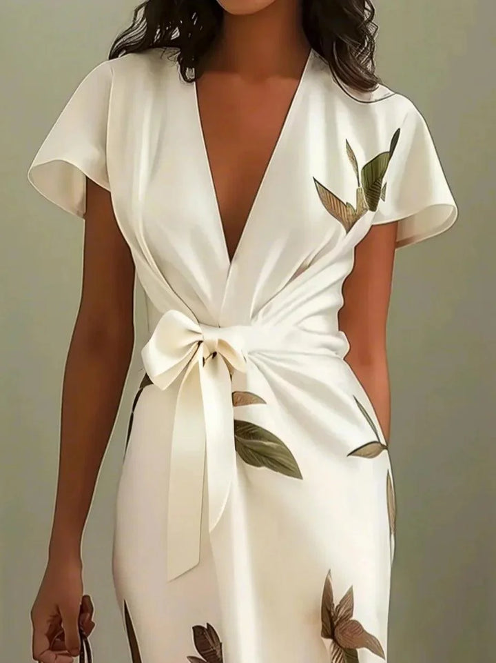 Isadora | White Leaf Print Satin Wrap V Neck Bow Tie Flutter Sleeve Midi Dress