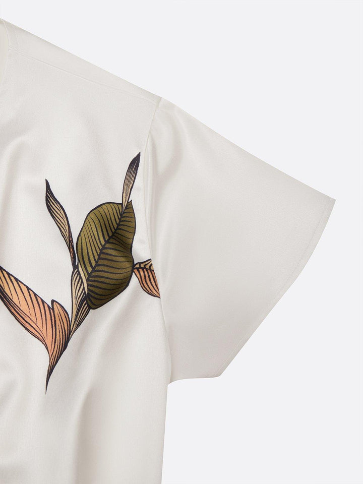 Isadora | White Leaf Print Satin Wrap V Neck Bow Tie Flutter Sleeve Midi Dress