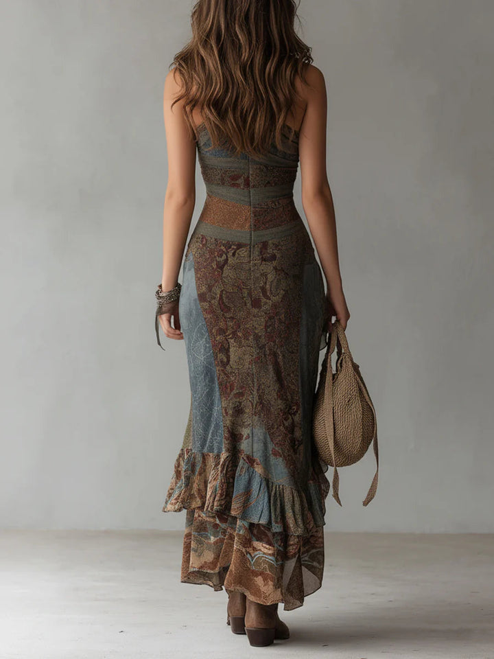Zelda | Grey Printed One Shoulder Ruffle High Slit Maxi Dress