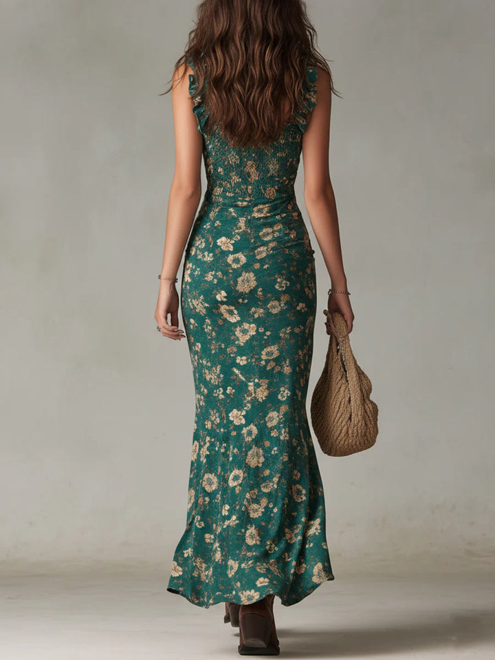 Cressida | Green Floral Printed Smocked Ruffle Strap Slit Maxi Dress