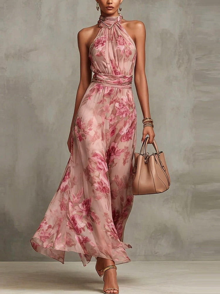 Thea | Chiffon Floral Halter Neck Belted Sleeveless Maxi Dress
