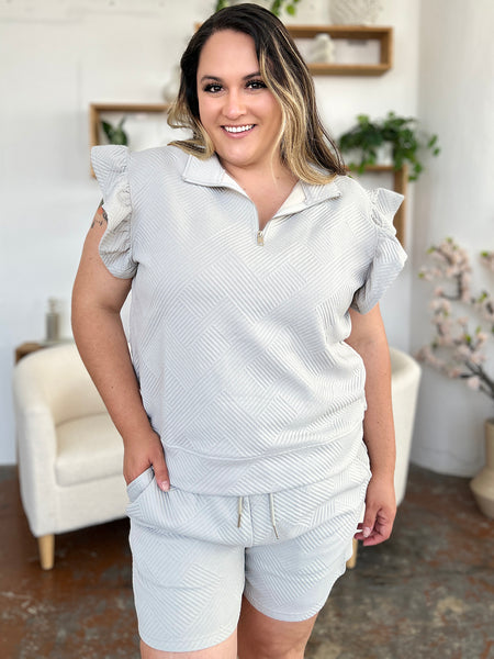 Double Take Full Size Texture Flounce Sleeve Top and Drawstring Shorts Set-Tops-Grace & Blossom Boutique, a women's online fashion boutique located in Odessa, Florida