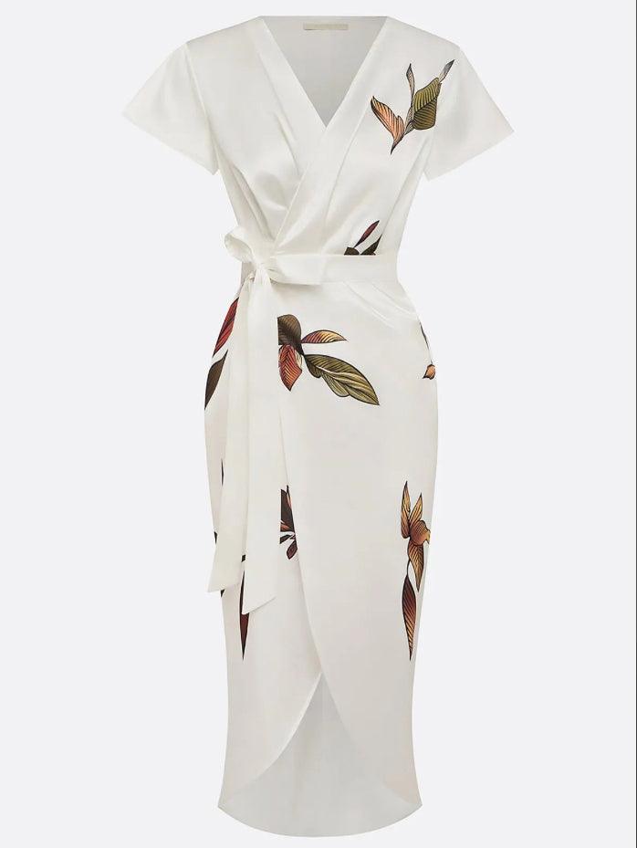 Isadora | White Leaf Print Satin Wrap V Neck Bow Tie Flutter Sleeve Midi Dress