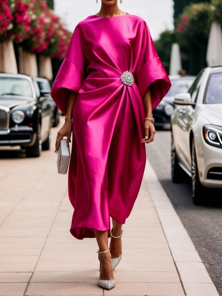 Miriam | Shimmer Satin Batwing Sleeve Jewel Brooch Maxi Dress