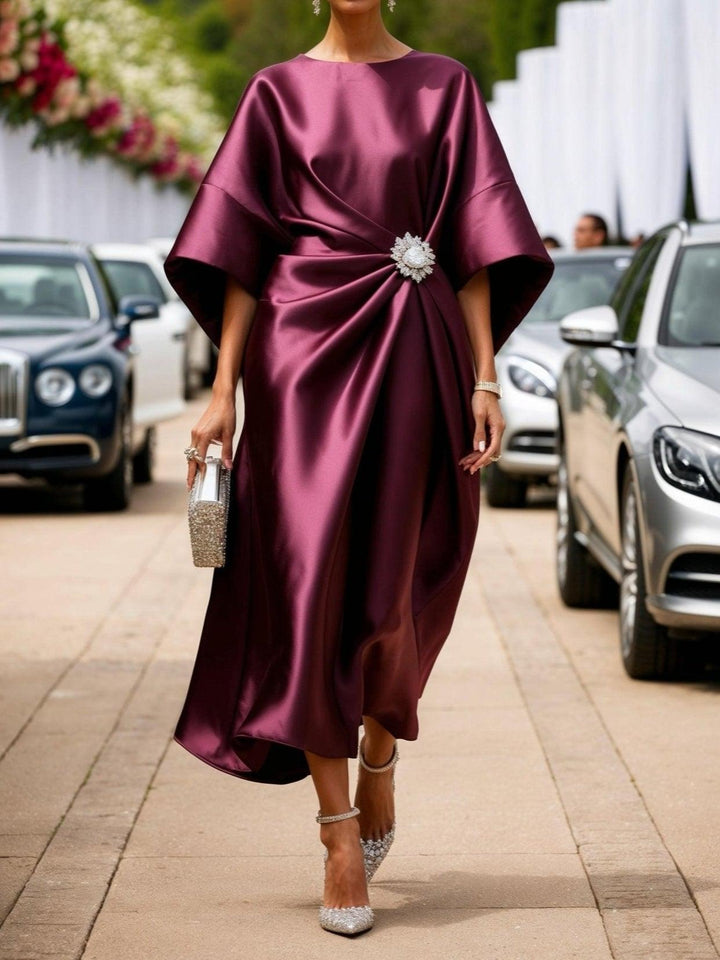 Miriam | Shimmer Satin Batwing Sleeve Jewel Brooch Maxi Dress