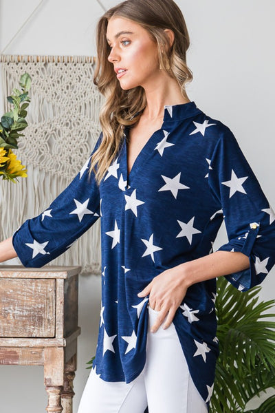 Heimish Full Size Roll-Tab Sleeve Star Print Top-Tops-Grace & Blossom Boutique, a women's online fashion boutique located in Odessa, Florida