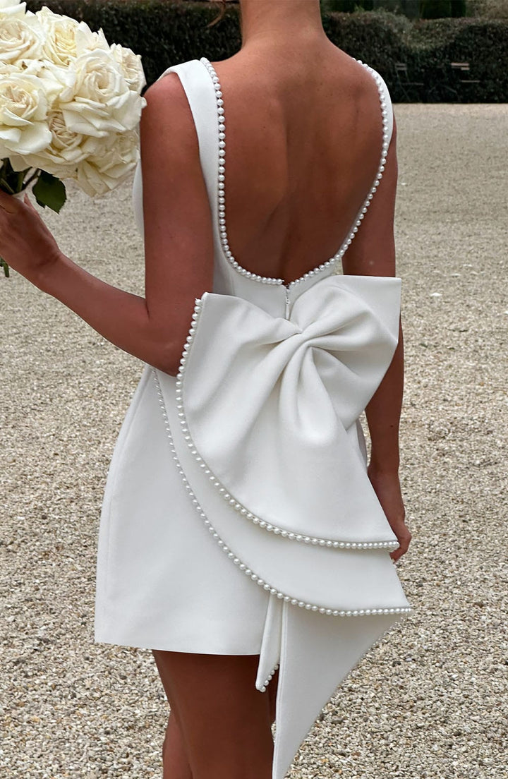 Piper | Pearl Trim Bateau Neck Bow Back Structured Mini Dress