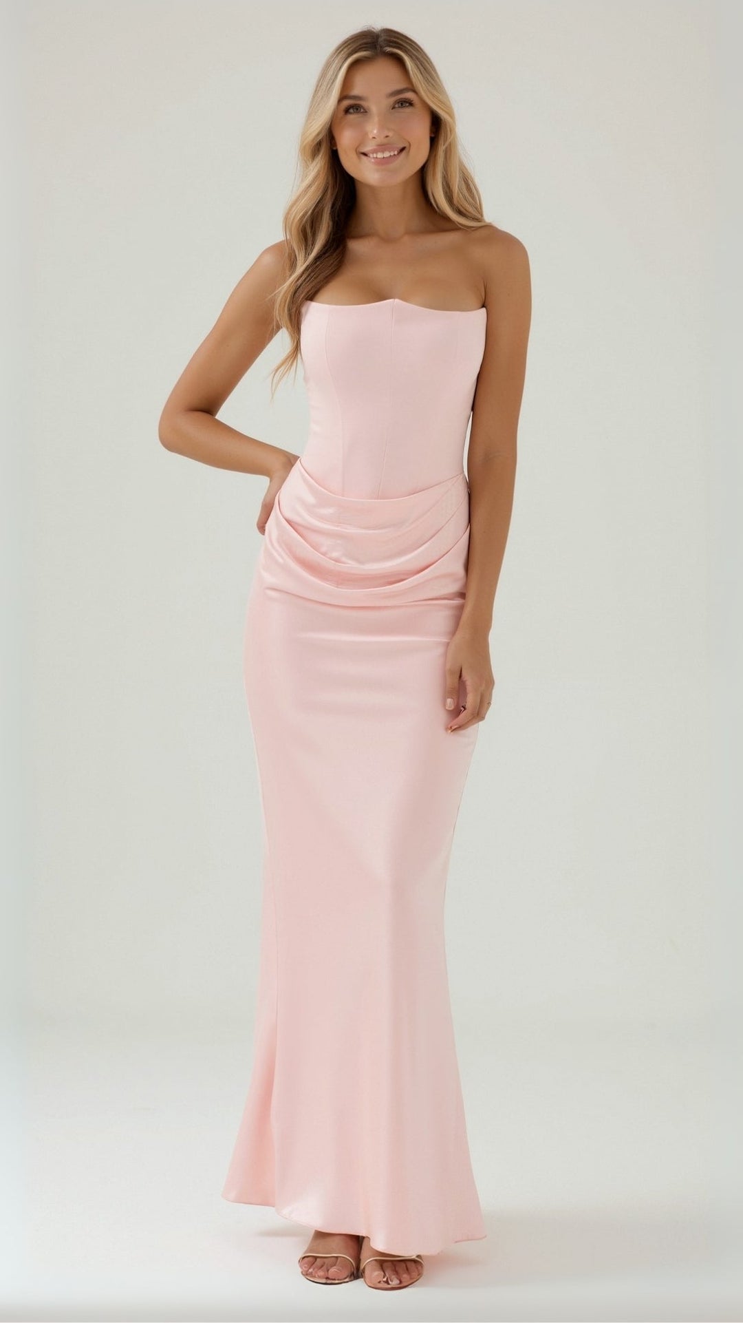 Maya | Strapless Ruched Satin Column Formal Maxi Dress