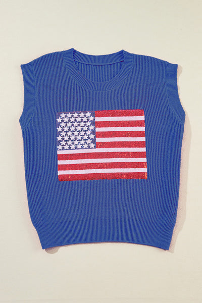 Sequin US Flag Round Neck Sweater Vest-Tops-Grace & Blossom Boutique, a women's online fashion boutique located in Odessa, Florida