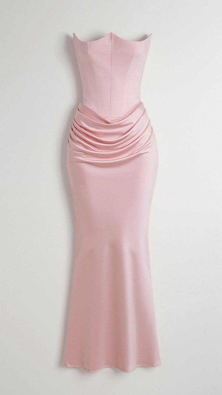 Maya | Strapless Ruched Satin Column Formal Maxi Dress
