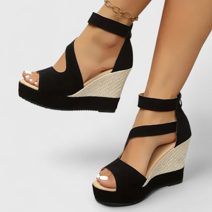 Ingrid | Black Suede Double Strap Espadrille Wedge Sandals