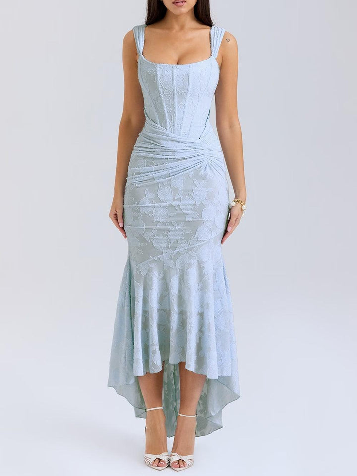 Lena | Floral Lace Square Neck Ruched Mermaid Maxi Dress