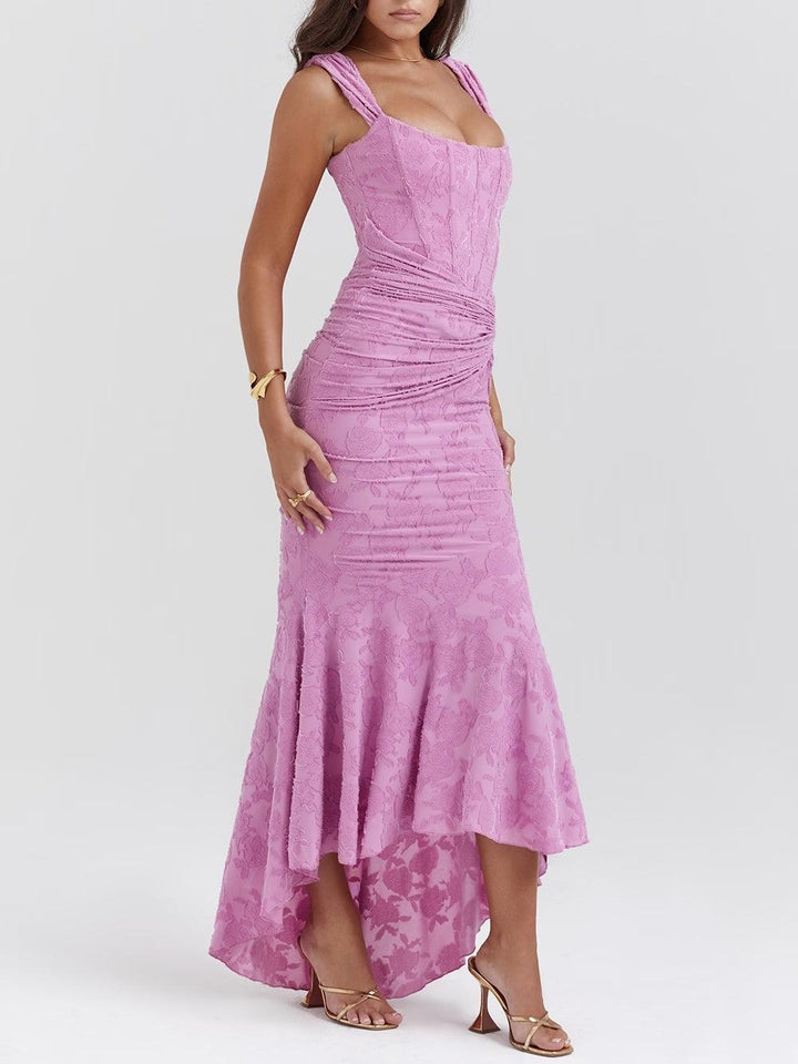 Lena | Floral Lace Square Neck Ruched Mermaid Maxi Dress