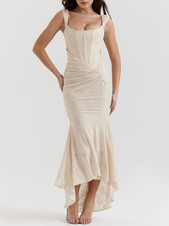 Lena | Floral Lace Square Neck Ruched Mermaid Maxi Dress