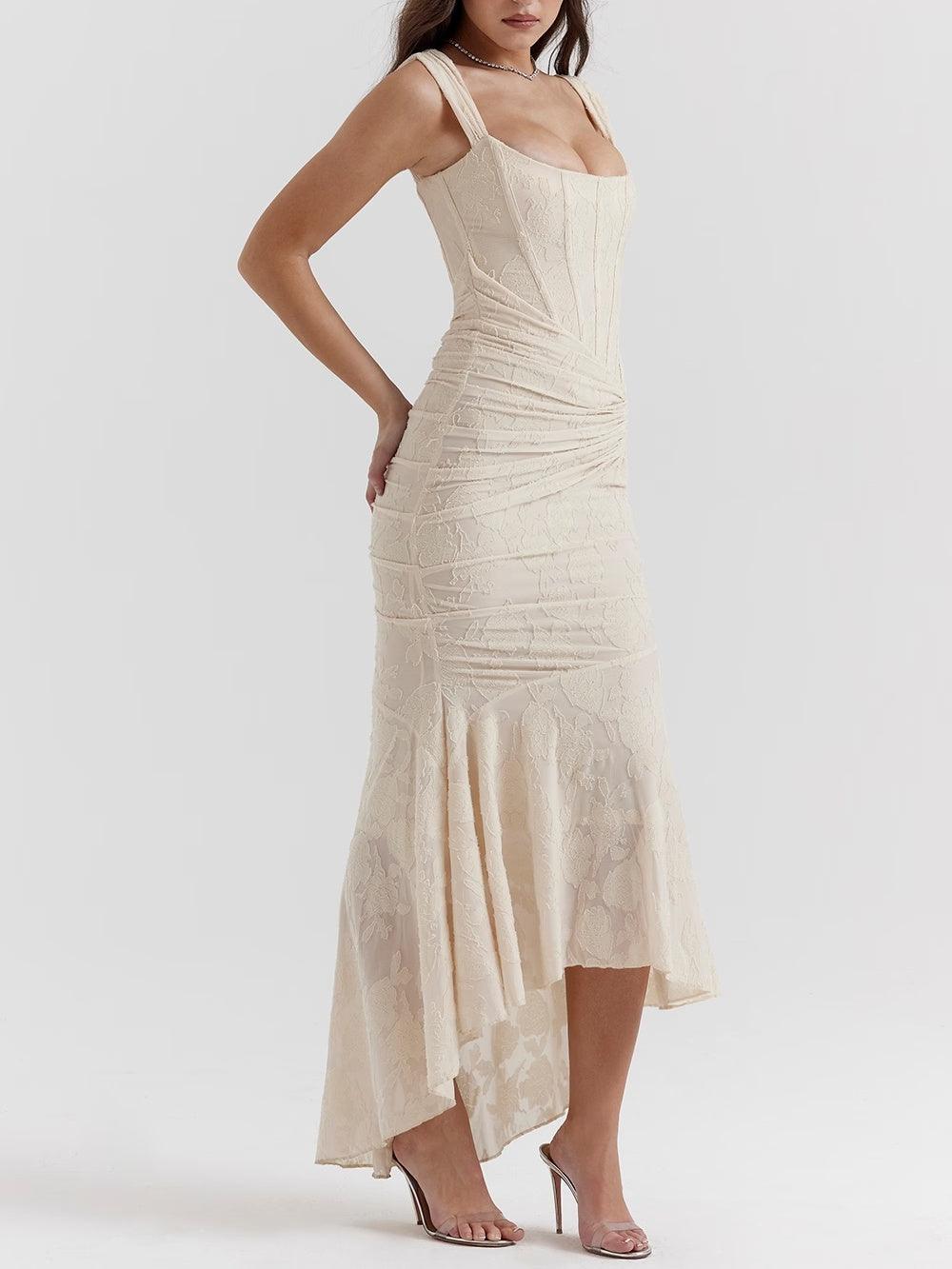 Lena | Floral Lace Square Neck Ruched Mermaid Maxi Dress