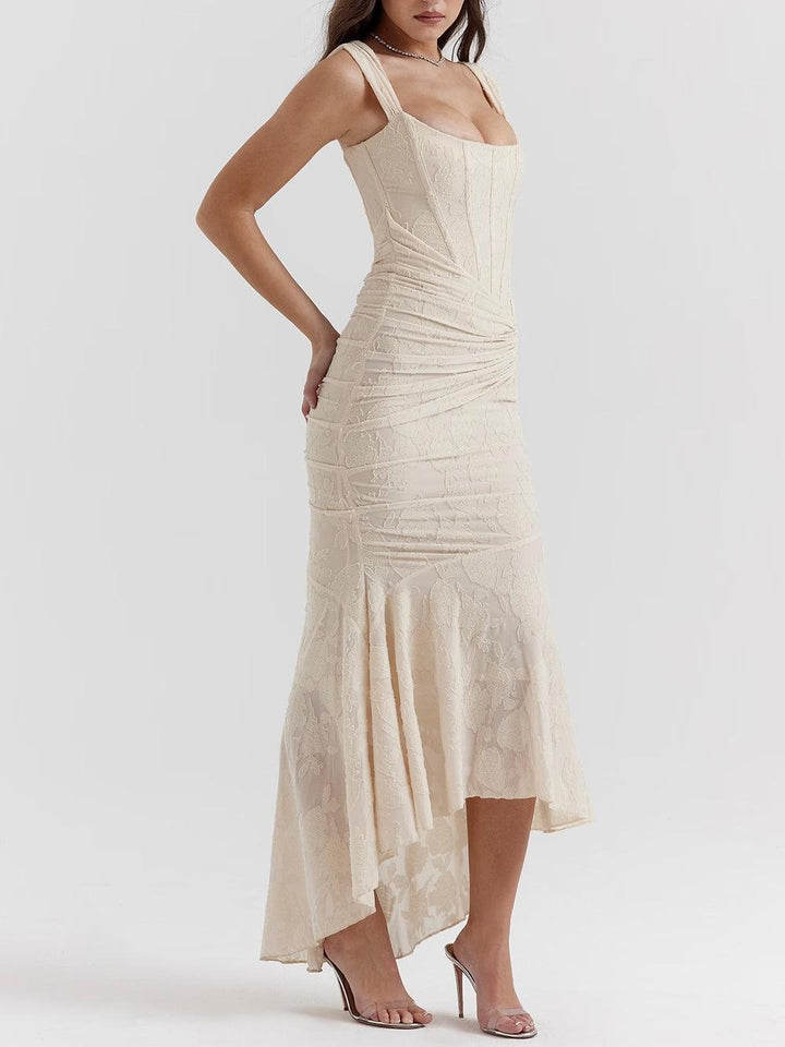 Lena | Floral Lace Square Neck Ruched Mermaid Maxi Dress