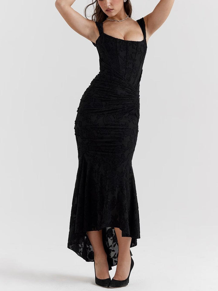 Lena | Floral Lace Square Neck Ruched Mermaid Maxi Dress