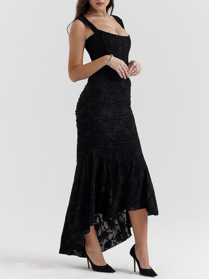 Lena | Floral Lace Square Neck Ruched Mermaid Maxi Dress