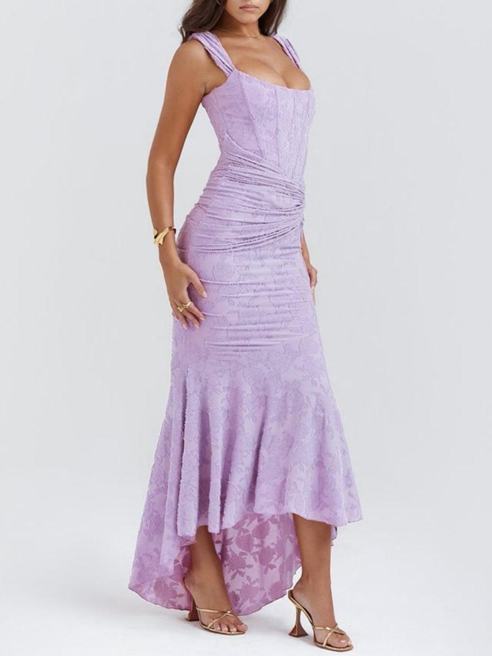 Lena | Floral Lace Square Neck Ruched Mermaid Maxi Dress