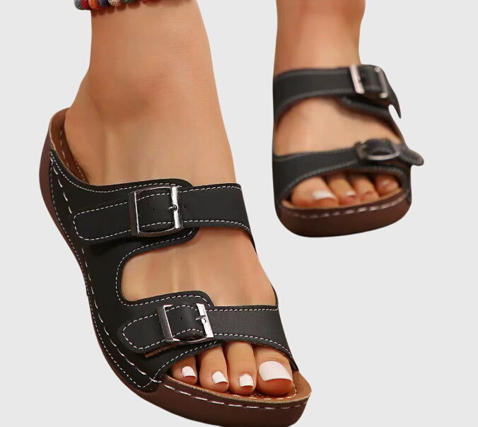 Cleo | Double Buckle Strap Open Toe Leather Sandals