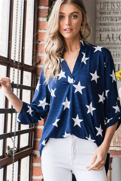 Heimish Full Size Roll-Tab Sleeve Star Print Top-Tops-Grace & Blossom Boutique, a women's online fashion boutique located in Odessa, Florida