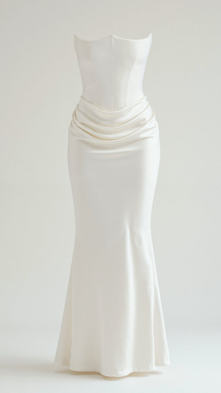 Maya | Strapless Ruched Satin Column Formal Maxi Dress