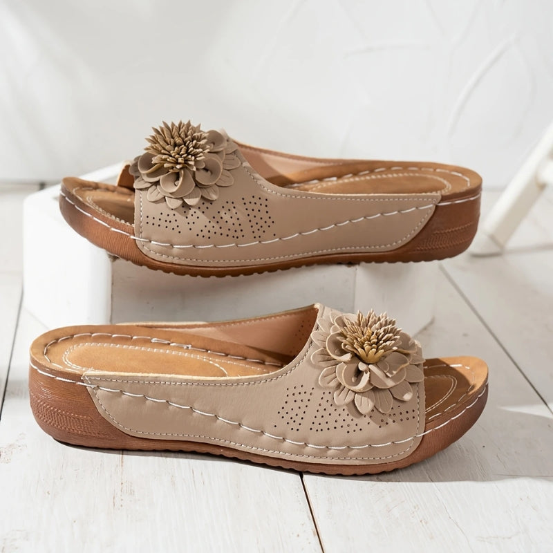 Thea | Flower Appliqué Perforated Slip On Wedge Sandals