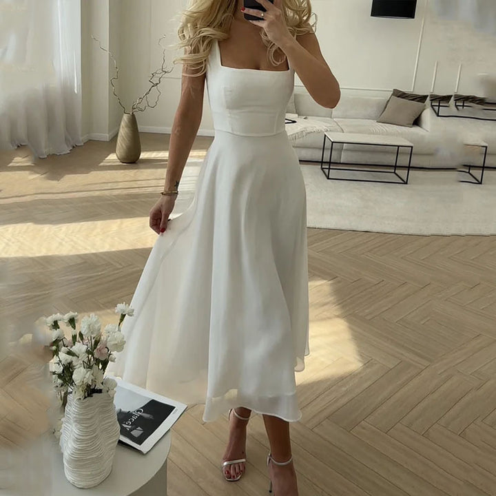 Renee | Square Neck Spaghetti Strap Corset Waist A Line Midi Dress
