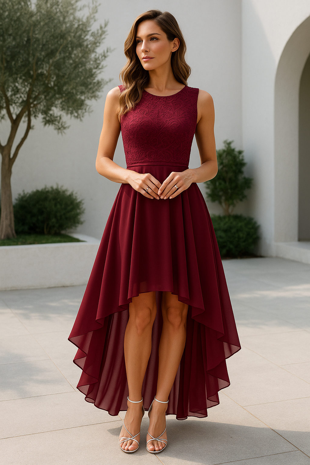 Freya | Lace Bodice High Low Chiffon Sleeveless Formal Wedding Guest Dress