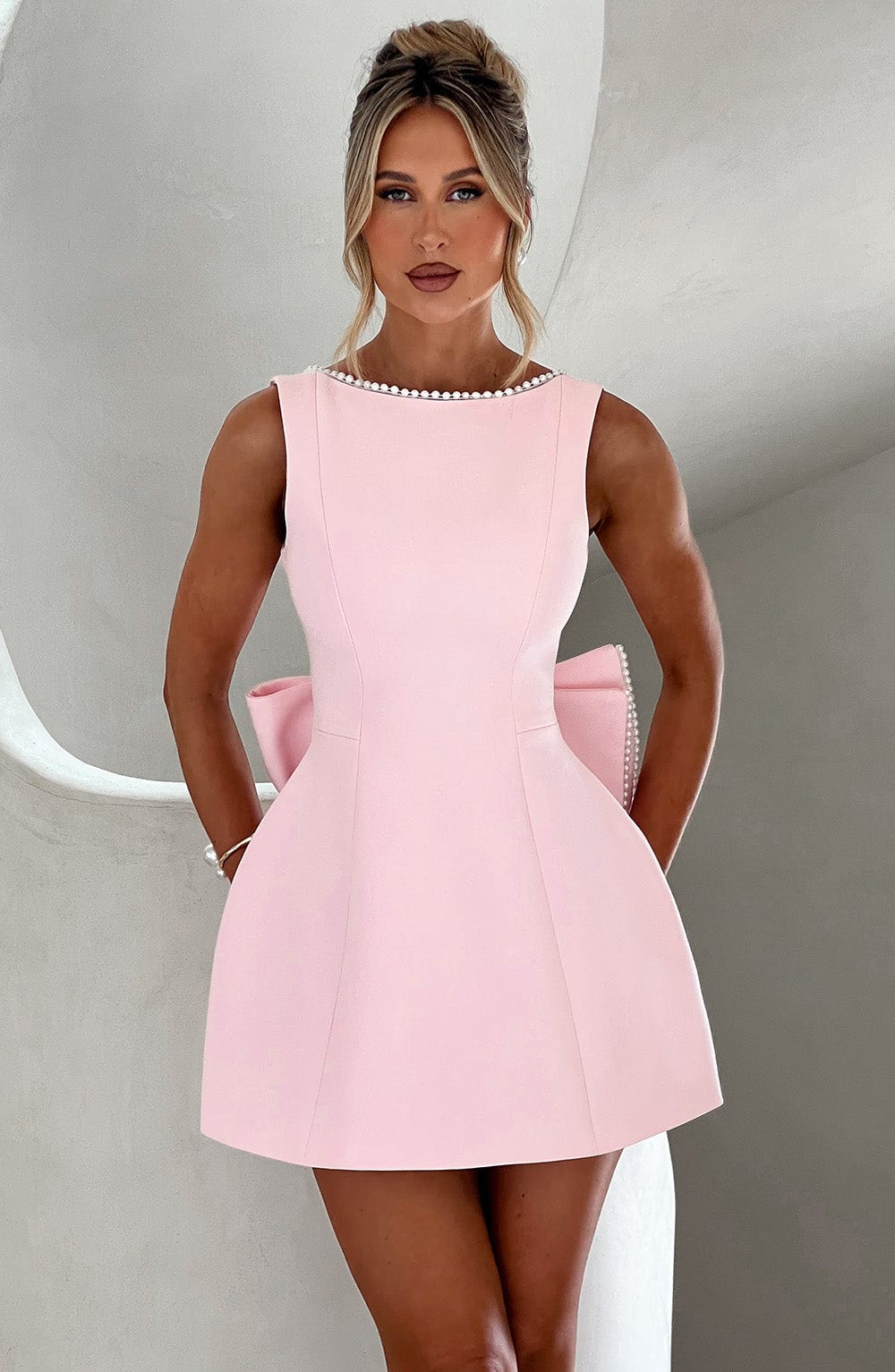 Piper | Pearl Trim Bateau Neck Bow Back Structured Mini Dress