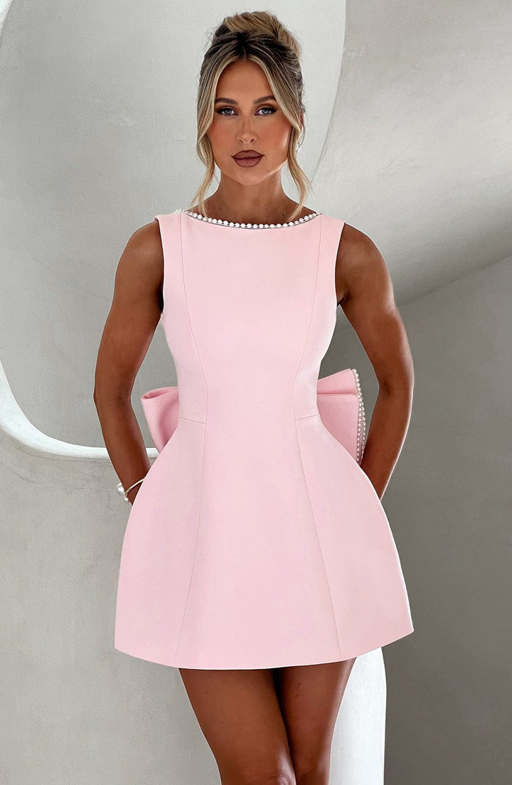 Piper | Pearl Trim Bateau Neck Bow Back Structured Mini Dress