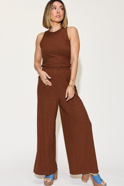 Basic Bae Full Size Ribbed Tank and Wide Leg Pants Set-Two Piece Sets-Grace & Blossom Boutique, a women's online fashion boutique located in Odessa, Florida