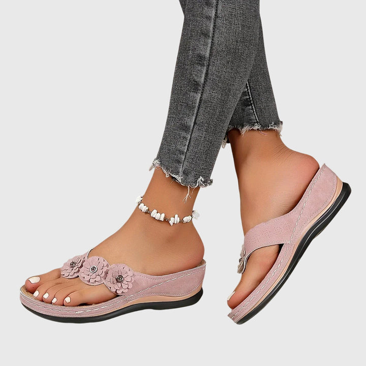 Lena | Flower Detail Toe Post Wedge Flip Flops