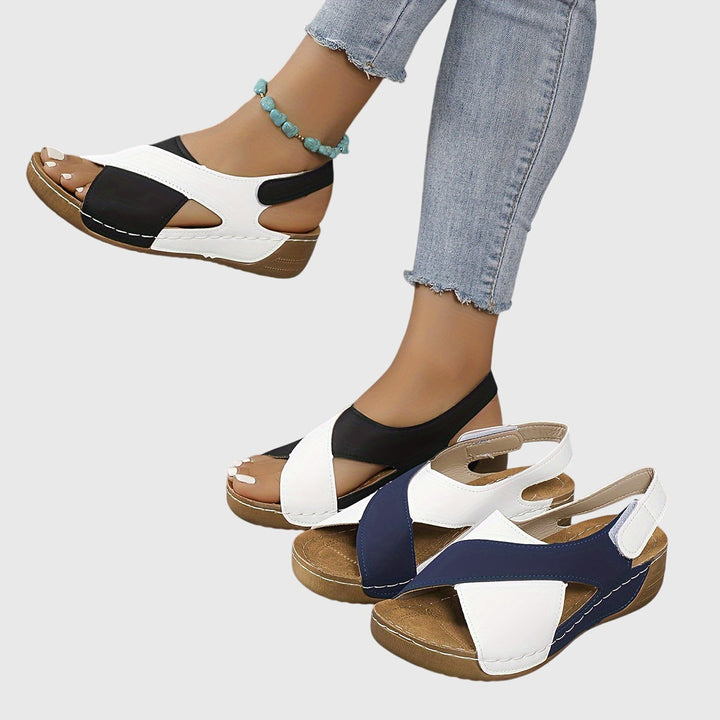 Viveca | Colorblock Cross Strap Toe Post Wedge Sandals