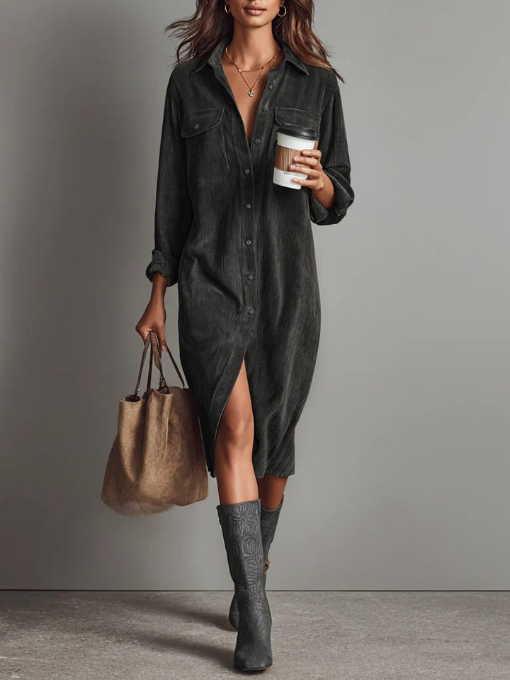 Elise | Corduroy Collared Double Chest Pocket Button Down Midi Dress