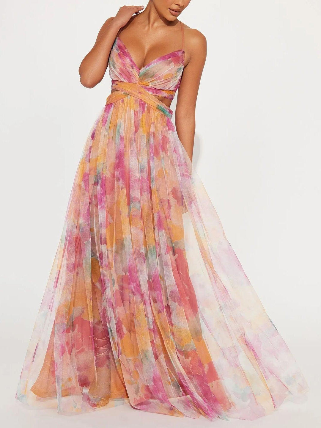 Lauren | Floral Print V Neck Crossover Waist A Line Maxi Dress