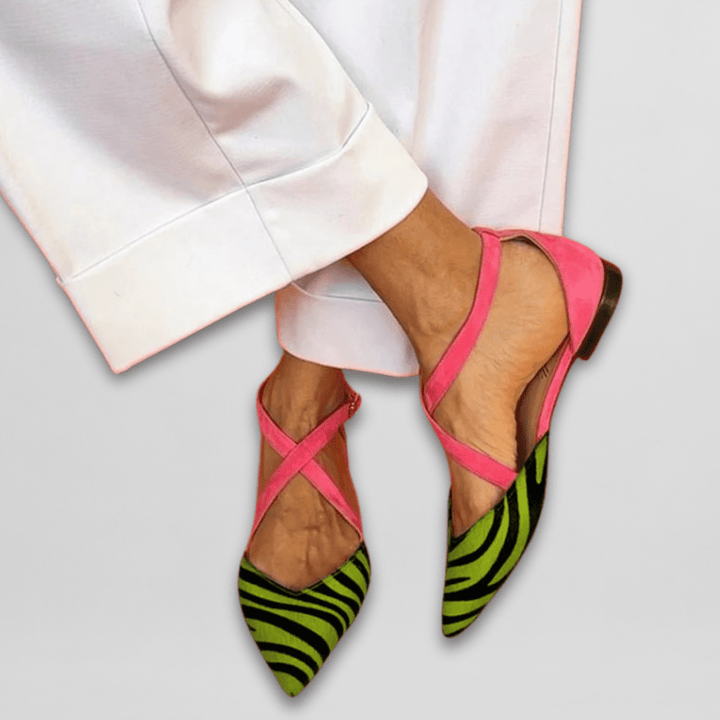Sloane | Zebra Print Pointed Toe Criss Cross Strap Ballet Flats