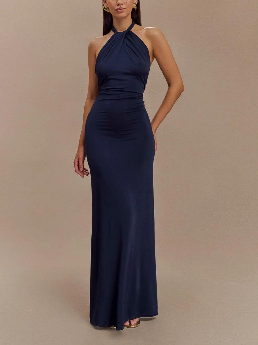 Simone | Slinky Twisted Halter Neck Ruched Body-Con Maxi Dress