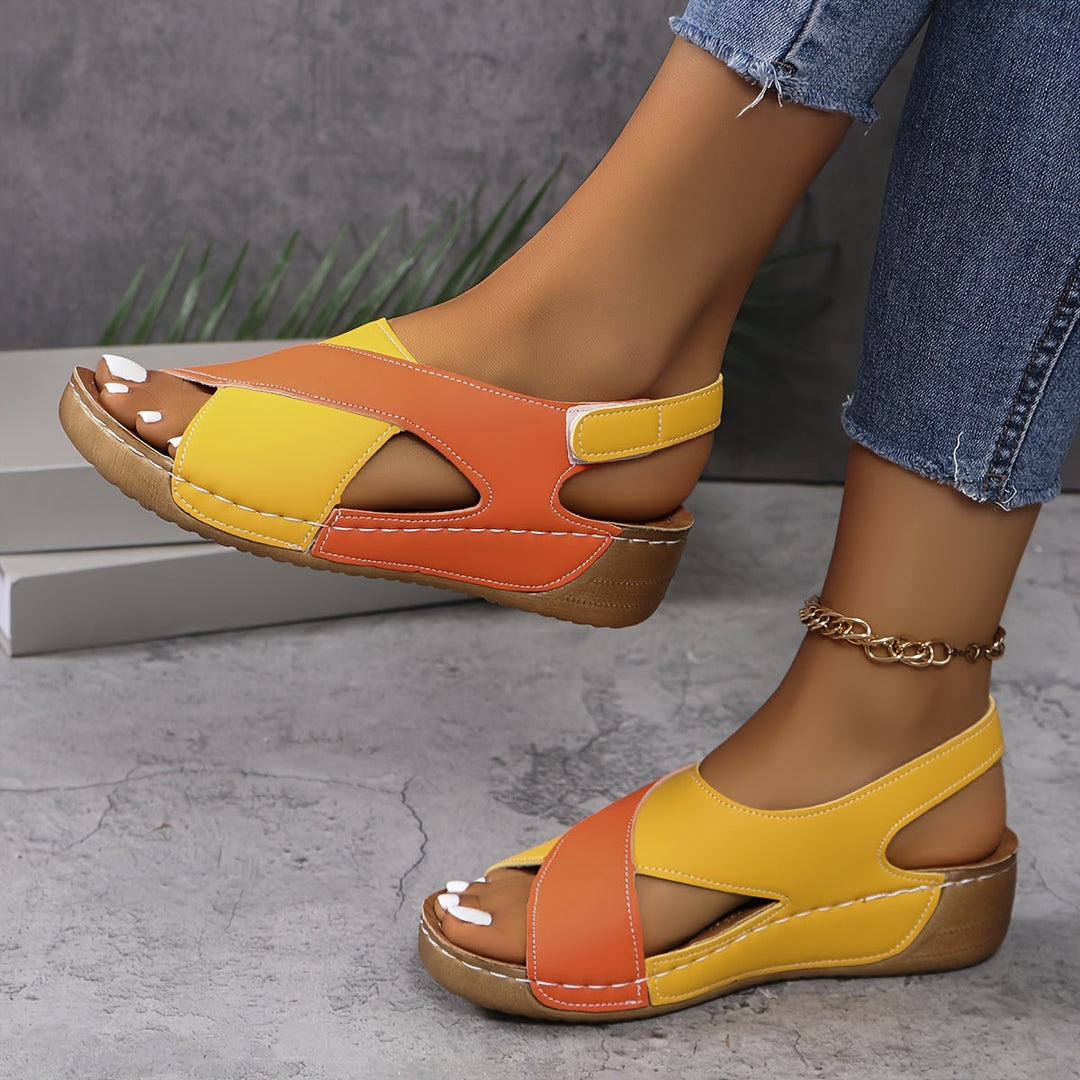 Naomi | Colorblock Cross Strap Velcro Wedge Sandals