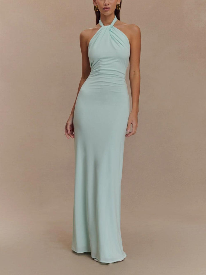 Simone | Slinky Twisted Halter Neck Ruched Body-Con Maxi Dress