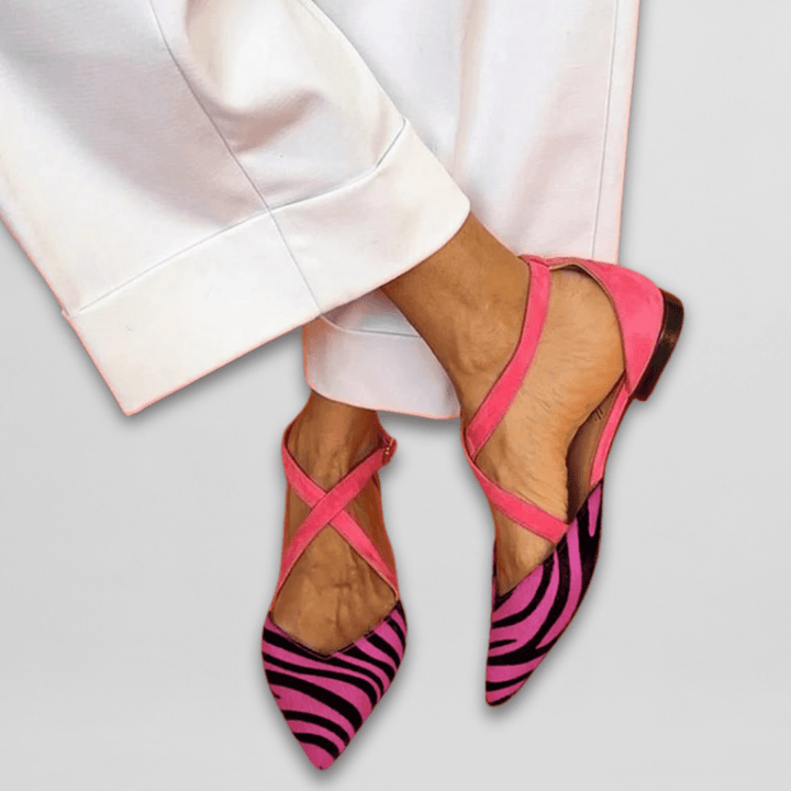 Sloane | Zebra Print Pointed Toe Criss Cross Strap Ballet Flats