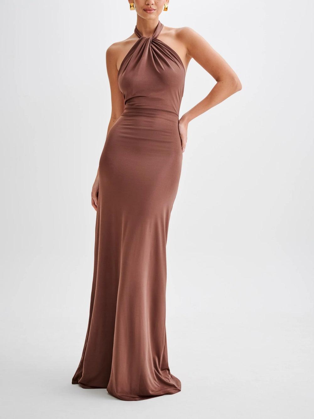 Simone | Slinky Twisted Halter Neck Ruched Body-Con Maxi Dress