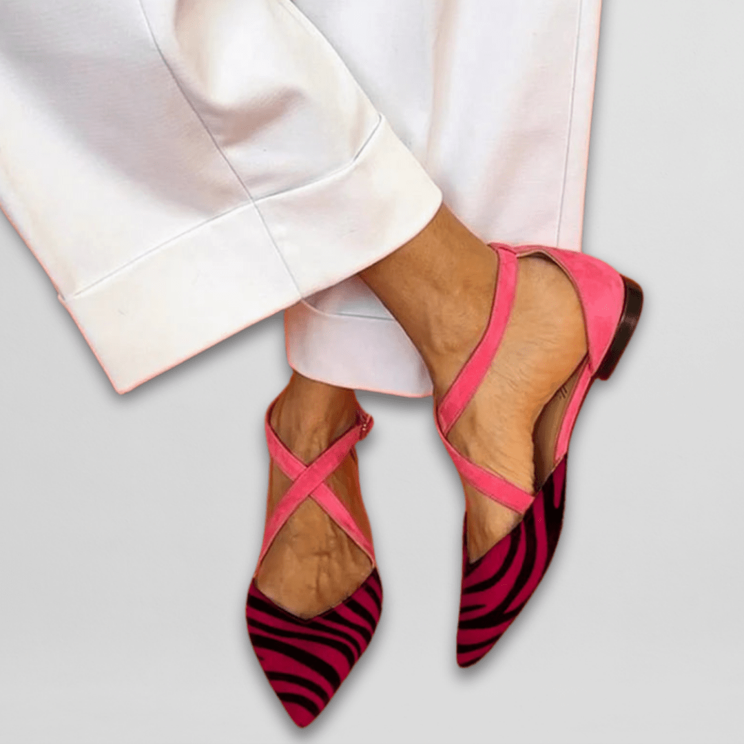Sloane | Zebra Print Pointed Toe Criss Cross Strap Ballet Flats