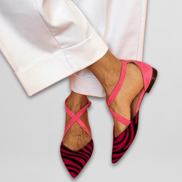 Sloane | Zebra Print Pointed Toe Criss Cross Strap Ballet Flats