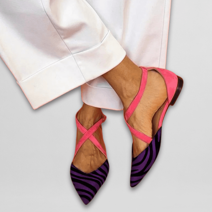 Sloane | Zebra Print Pointed Toe Criss Cross Strap Ballet Flats