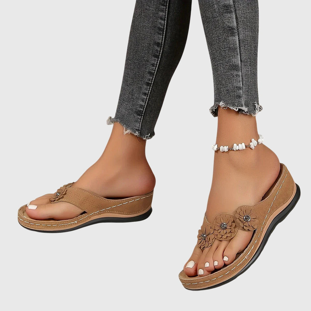 Lena | Flower Detail Toe Post Wedge Flip Flops