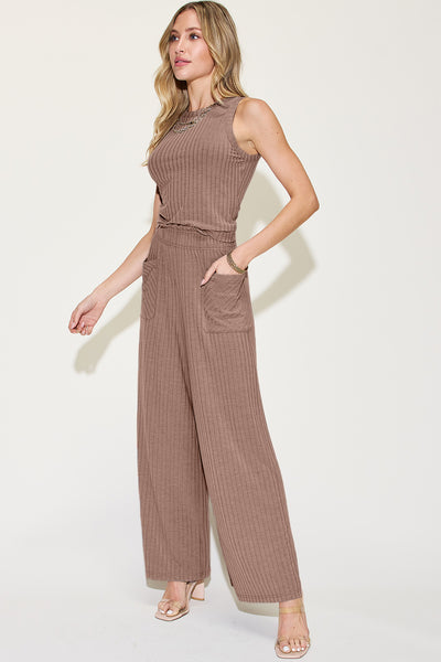 Basic Bae Full Size Ribbed Tank and Wide Leg Pants Set-Two Piece Sets-Grace & Blossom Boutique, a women's online fashion boutique located in Odessa, Florida