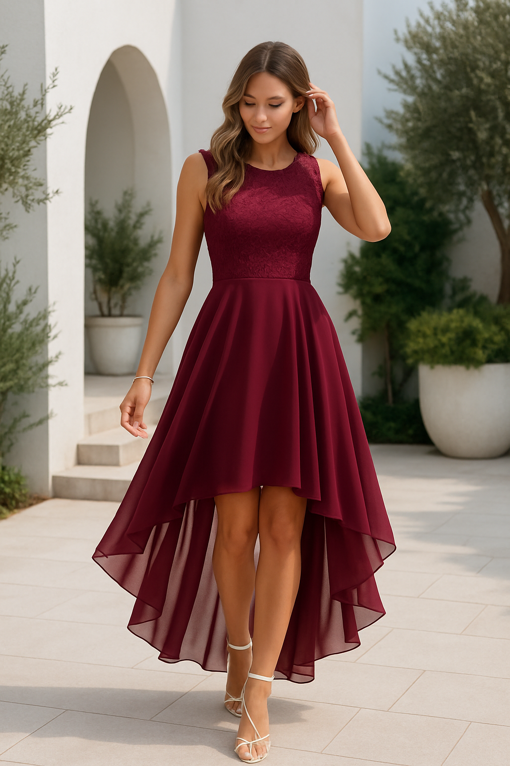 Freya | Lace Bodice High Low Chiffon Sleeveless Formal Wedding Guest Dress