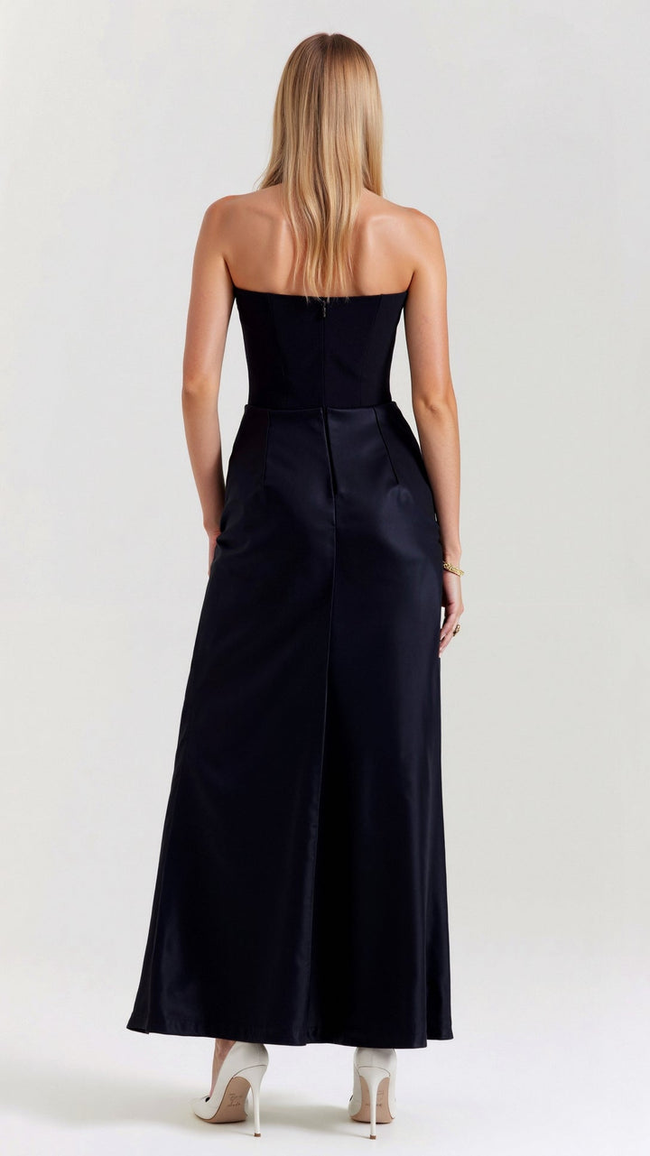 Maya | Strapless Ruched Satin Column Formal Maxi Dress